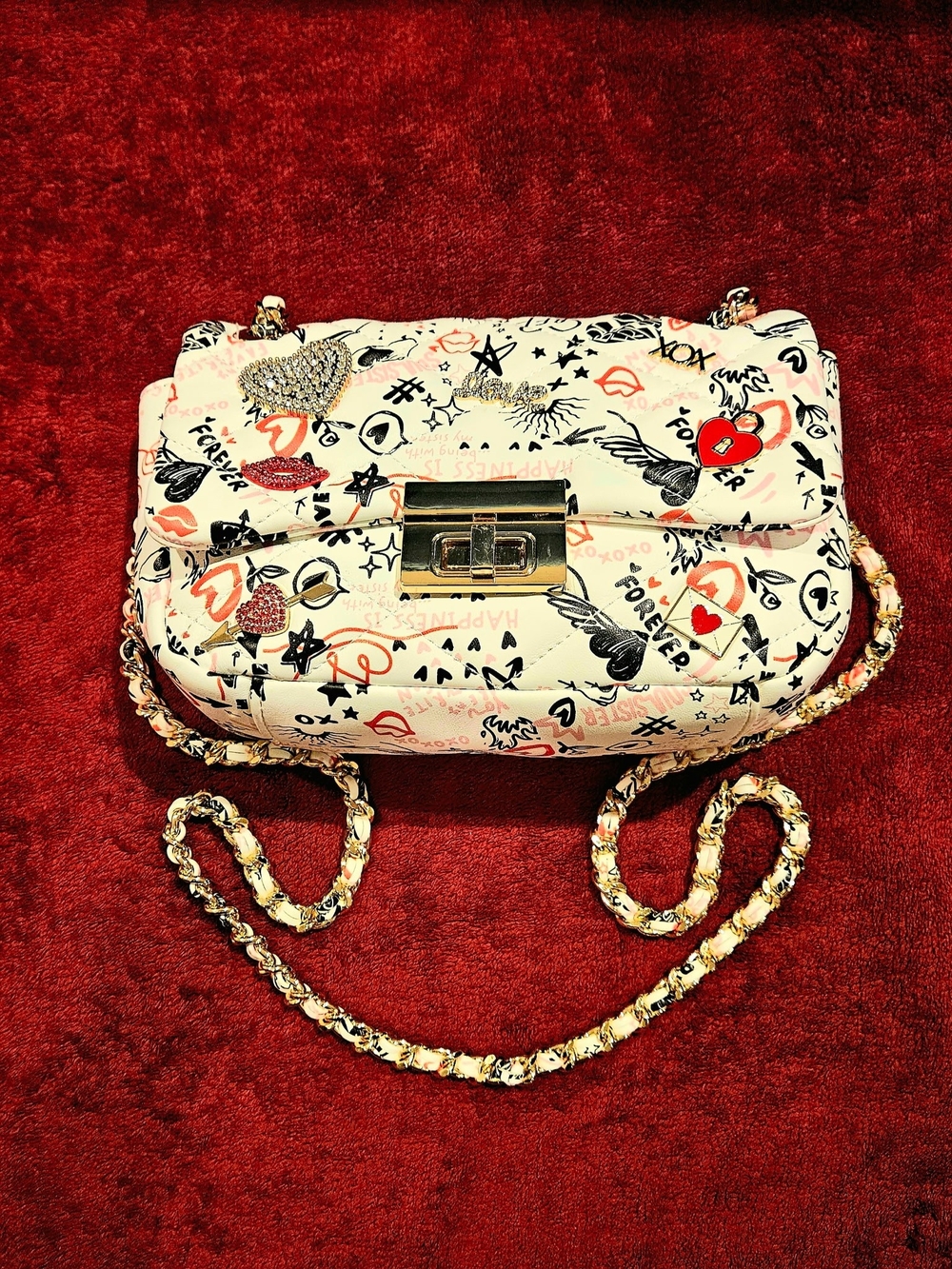 Aldo White Graphic Heart Print Chain Crossbody Bag